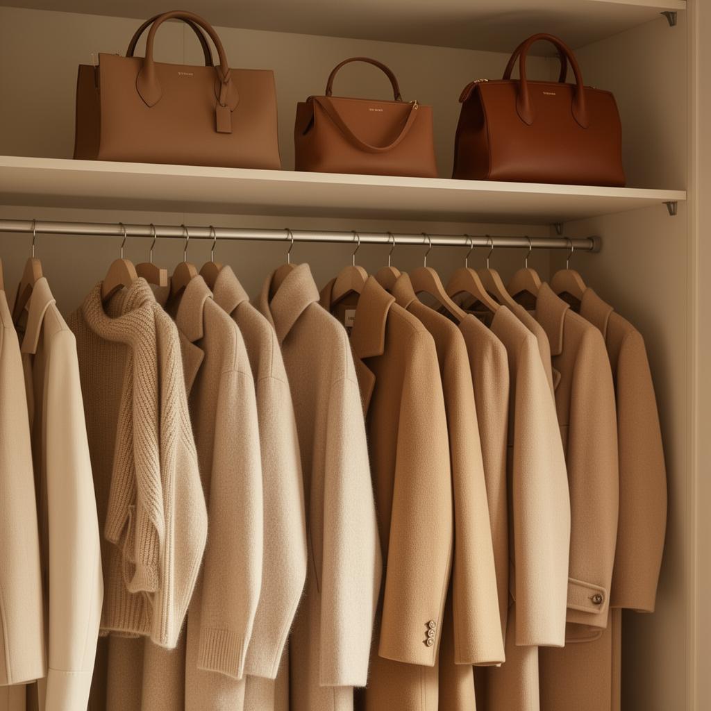 A neutral, organised luxury wardrobe with camel coats and leather handbags