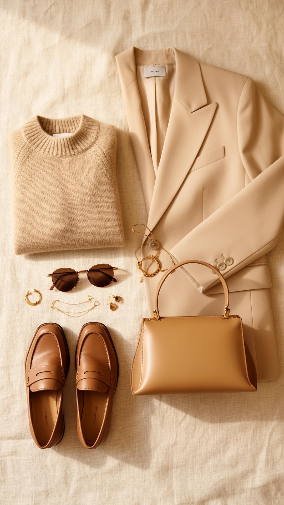 Editorial flat lay of cream cashmere knitwear, beige tailored blazer, gold jewelry, leather loafers and a camel handbag