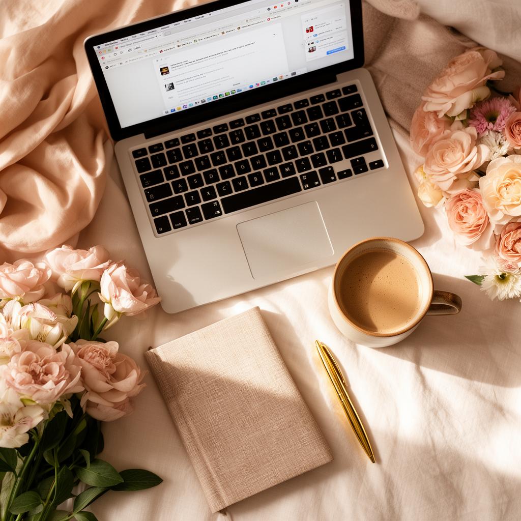Cozy feminine workspace with laptop, coffee and a linen notebook
